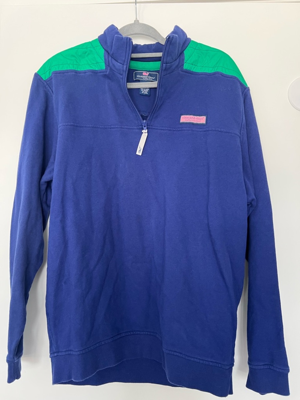 Vineyard Vines Blue Quarter-Zip Pullover with Green Shoulder Panels